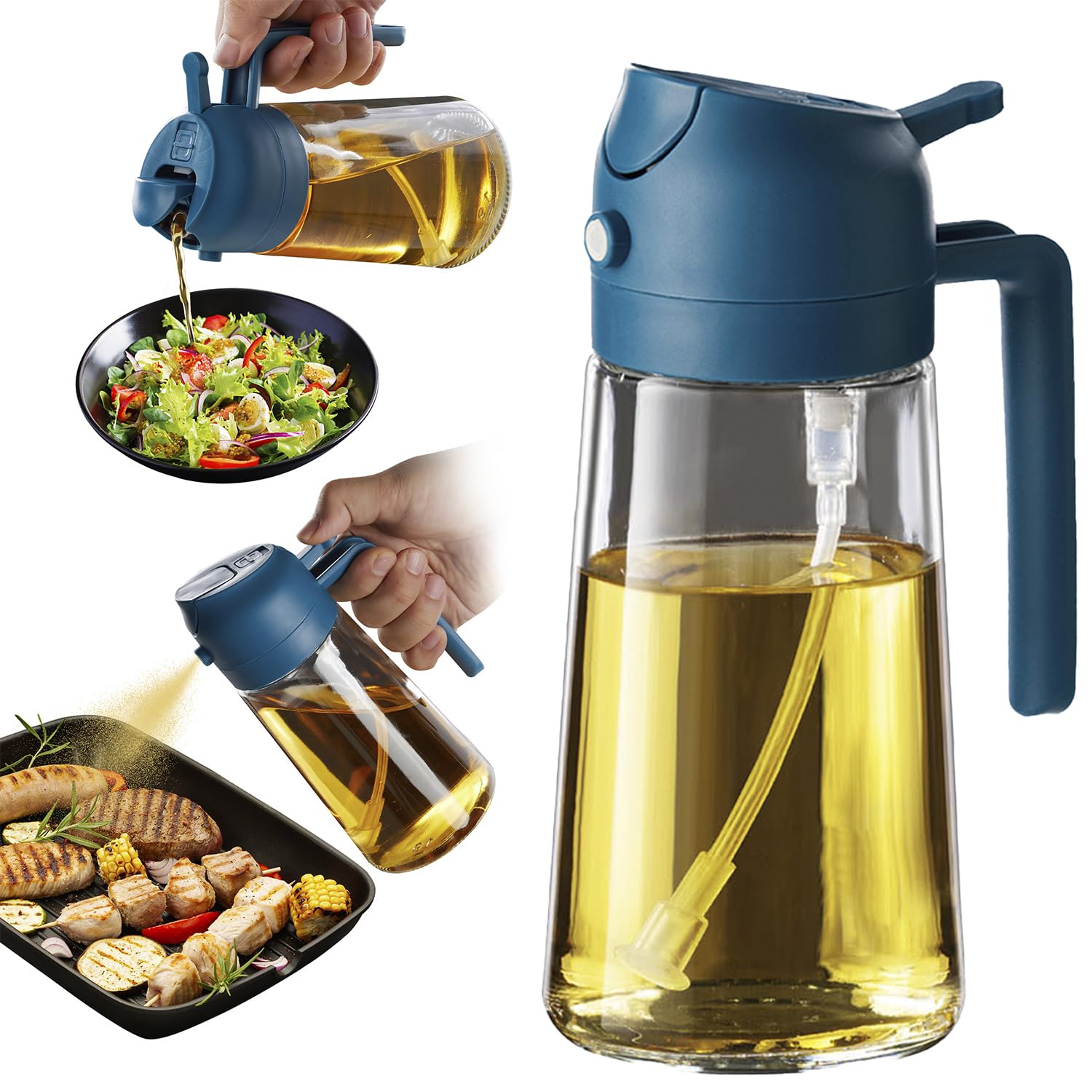 TrendPlain 16oz/470ml Glass Olive Oil Sprayer for Cooking - 2 in 1 Olive Oil Dispenser for Kitchen Gadgets, Air Fryer, Salad, and BBQ - Black